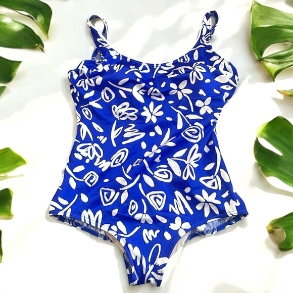 Vintage Lands' End Cobalt Blue and White One Piece Swimsuit - Picture 2 of 4